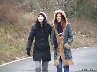 Hawt Ffm anal sex trio with a stranger on cold winter day